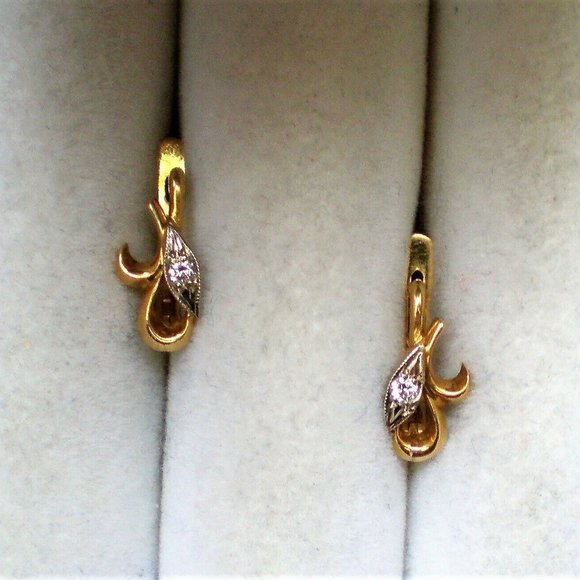 Vintage Soviet USSR Solid 18K 750 Yellow White Gold Diamond EARRINGS - Picture 6 of 8